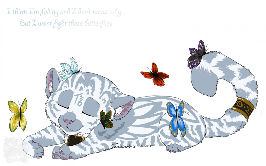 arthropod butterflies butterfly chibi collar eyes_closed feline friends insect jewelry kneading mammal purring sleeping smile tiger toradoshi white_tiger