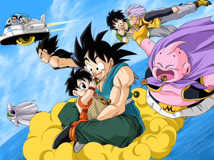 6+boys :d bag black_eyes black_hair blue_eyes blue_hair bulma cape casual checkerboard_cookie chi-chi_(dragon_ball) chocolate closed_eyes cloud cookie day dragon_ball dragon_ball_z dutch_angle family father_and_son flying flying_car flying_nimbus food glasses gloves grandfather_and_granddaughter green_skin hands_on_own_cheeks hands_on_own_face happy ichi14 jam_cookie majin_buu multiple_boys multiple_girls open_mouth outdoors pan_(dragon_ball) piccolo pink_skin purple_hair shoes sky sleeveless smile smirk son_gohan son_gokuu son_goten spiked_hair trunks_(dragon_ball) v-shaped_eyebrows vegeta videl water whorled_clouds wristband