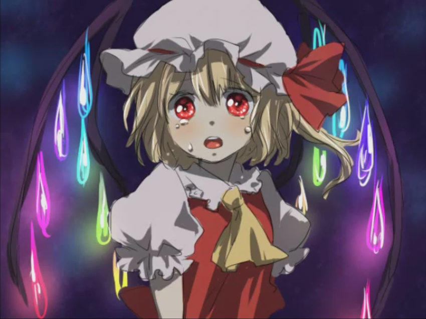 ascot bat_wings blonde_hair flandre_scarlet hat machiko_(beard) necktie open_mouth puffy_sleeves red_eyes ribbon short_hair side_ponytail sketch solo tears touhou wings