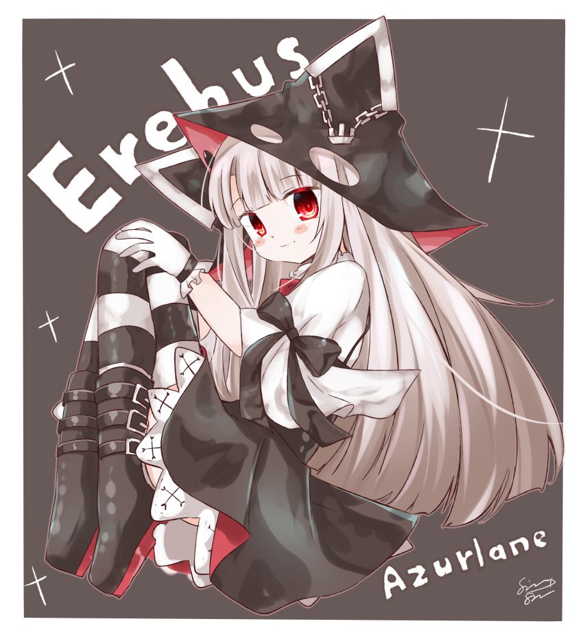 1girl absurdres anchor azur_lane bangs black_bow black_footwear black_skirt blunt_bangs blush_stickers boots bow brown_background brown_hair chains character_name closed_mouth copyright_name erebus_(azur_lane) eyebrows_visible_through_hair full_body gloves highres hood hood_up long_hair red_eyes shimashiro_itsuki shirt short_sleeves signature skirt smile solo striped striped_legwear thighhighs thighhighs_under_boots torn_clothes two-tone_background very_long_hair white_background white_gloves white_shirt wide_sleeves