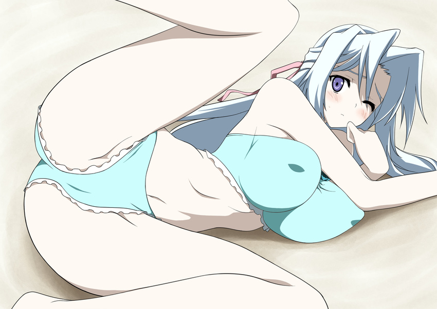 bikini blush breasts dragon_crisis! frilled_bikini frills hair_ribbon highres large_breasts leg_up long_hair maruga_(dragon_crisis!) miyane_aki_(radical_dash) one_eye_closed pale_skin purple_eyes ribbon solo swimsuit white_hair