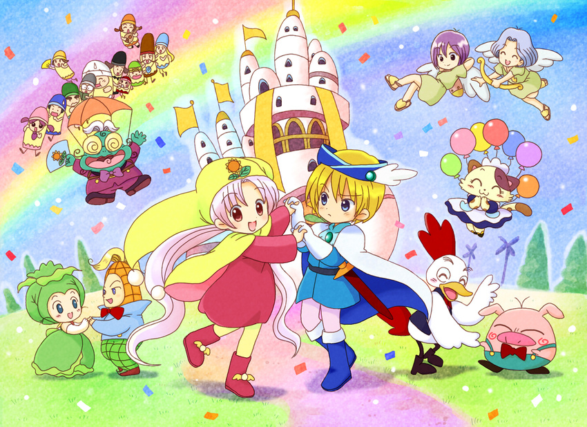 6+girls angel_wings araessa balloon bird blonde_hair boots bow bowtie brooch brown_hair cape castle cat character_request chicken closed_eyes dancing dress eijima_moko fan flower glasses gloves green_hair hat holding_hands instrument jester_cap jewelry lavender_hair long_hair looking_at_viewer maid_headdress multiple_boys multiple_girls open_mouth parachute pig pink_hair prince_cloud princess_silver purple_hair rainbow sandals sheath sheathed smile sunflower sutonsuton sweatdrop tree twintails white_hair wings yume_no_crayon_oukoku