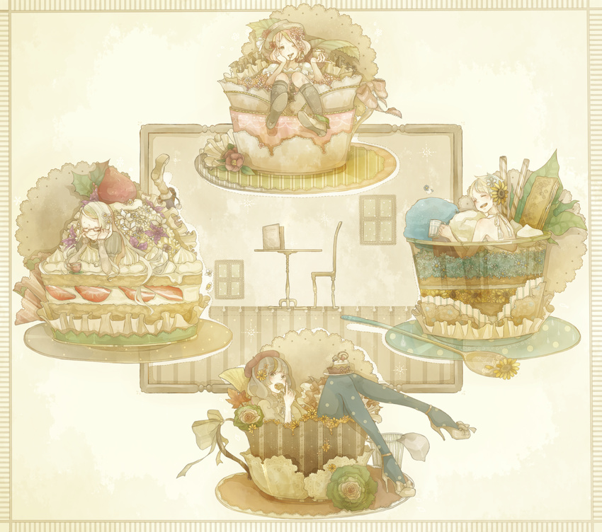 backless_outfit bad_id bad_pixiv_id beret black_legwear boots bow cake chair chin_rest closed_eyes cup eating flower food fruit glasses green_flower green_rose hair_flower hair_ornament hat high_heels highres ice_cream in_container in_cup in_food kneehighs long_hair lying menu minigirl mizutame_tori mouth_hold multiple_girls on_stomach one_eye_closed original pantyhose polka_dot polka_dot_legwear rose shoes sitting smile spoon strawberry sunflower table teacup