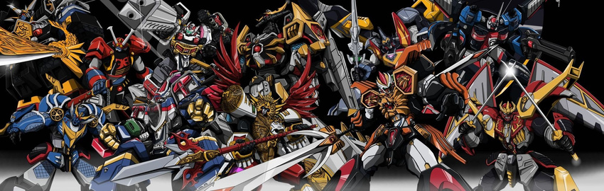 battle_fever_robo chousei_kantai_sazer-x chouseishin_series dekaranger_robo dekawing_robo dual_wielding genseishin_justikaiser genseishin_justirisers genseishin_ken-riser genseishin_nin-riser gun highres holding katana magiking magilegend mahou_sentai_magiranger mecha monmon_(monban) muteki_shogun ninja_sentai_kakuranger no_humans polearm ryuuseishin_great-lio sheath spear super_dekaranger_robo super_sentai sword tokusou_sentai_dekaranger weapon wings