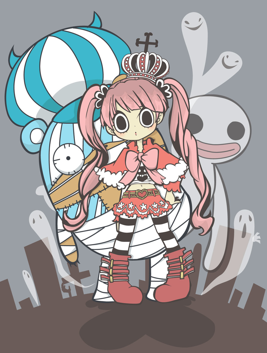 1girl chibi crown emita ghost heart highres kumacy long_hair o_o one_piece pantyhose perona pink_hair scar skirt stitches striped striped_legwear twintails very_long_hair zombie