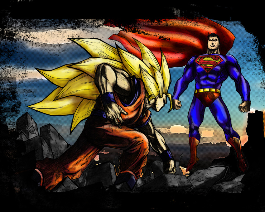 artist_request battle black_hair blonde_hair cape clothes_writing crossover dc_comics dragon_ball dragon_ball_z duel epic long_hair male_focus manly multiple_boys muscle son_gokuu super_saiyan superman superman_(series)