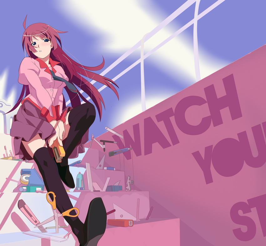 absurdres bakemonogatari black_legwear blue_eyes boxcutter highres legs long_hair marker monogatari_(series) pen pleated_skirt purple_hair ruler school_uniform scissors senjougahara_hitagi sitting sitting_on_stairs skirt solo stairs stapler stationery tape thighhighs tokitoki_(commando) vector_trace zettai_ryouiki