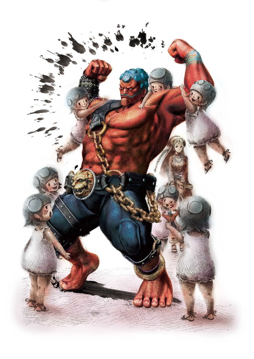 6+girls absurdres blue_hair child family father_and_daughter hakan hakan's_daughters height_difference highres ikeno_daigo manly melike multiple_girls muscle official_art realistic red_skin size_difference street_fighter street_fighter_iv_(series)