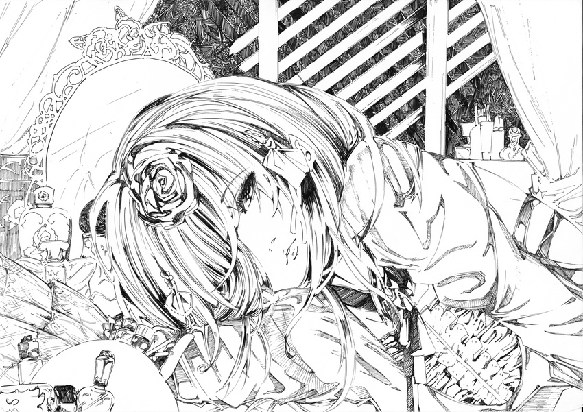 bad_id bad_pixiv_id ballpoint_pen_(medium) bottle flower frills greyscale hair_flower hair_ornament highres lineart long_hair monochrome rose rozen_maiden solo suigintou traditional_media uwaraba