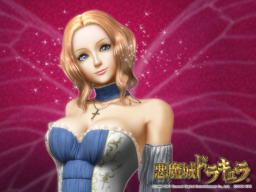 3d angela_(castlevania) artist_request blonde_hair blue_eyes breasts castlevania castlevania_pachislot choker cleavage corset cross detached_sleeves eyelashes highres lace large_breasts logo official_art smile solo sparkle upper_body wallpaper wavy_hair