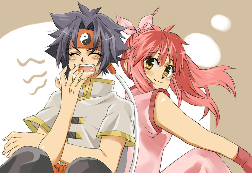 1boy 1girl artist_request back-to-back bakuten_shoot_beyblade bangs beyblade black_hair blush chinese_clothes closed_eyes couple dress floating_hair gloves hair_ribbon hair_tubes half_updo hand_to_own_mouth headband hetero kon_rei light_smile long_hair looking_at_viewer looking_back mao_(beyblade) open_mouth pants parted_bangs pink_hair ponytail profile ribbon sash shirt sidelocks sitting sleepy smile spiked_hair turtleneck upper_body very_long_hair yawning yellow_eyes yin_yang