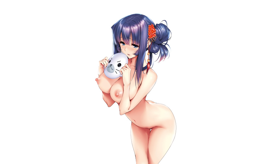 amakano aqua_eyes blush breasts long_hair mask navel nipples photoshop piromizu tagme_(character) white