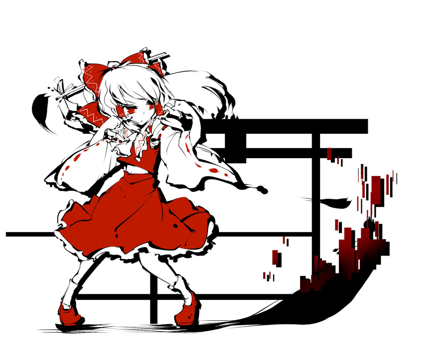 bad_id bad_pixiv_id bow detached_sleeves fighting_stance frilled_skirt frills hair_bow hair_ornament hair_stick hair_tubes hakurei_reimu high_contrast highres medium_skirt midriff navel nyoron_(fudegatana) red_skirt shoes skirt skirt_set solo standing touhou