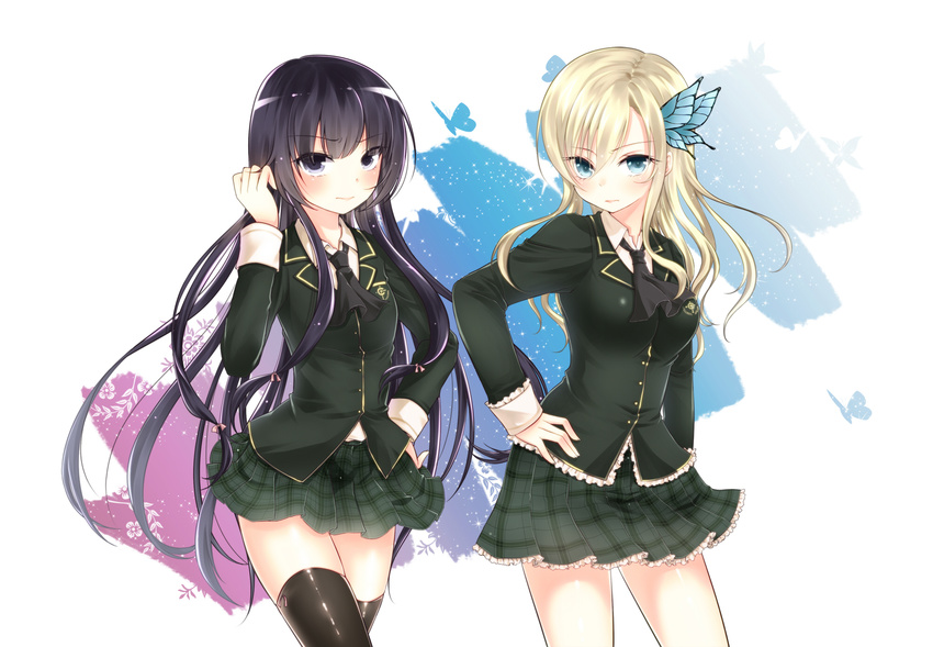 aqua_eyes bad_id bad_pixiv_id black_hair black_legwear blonde_hair boku_wa_tomodachi_ga_sukunai bug butterfly butterfly_hair_ornament geike green_skirt hair_ornament hand_on_hip highres insect kashiwazaki_sena lace lace-trimmed_skirt long_hair mikazuki_yozora miniskirt multiple_girls plaid plaid_skirt pleated_skirt purple_eyes school_uniform skirt st._chronica_academy_uniform thighhighs