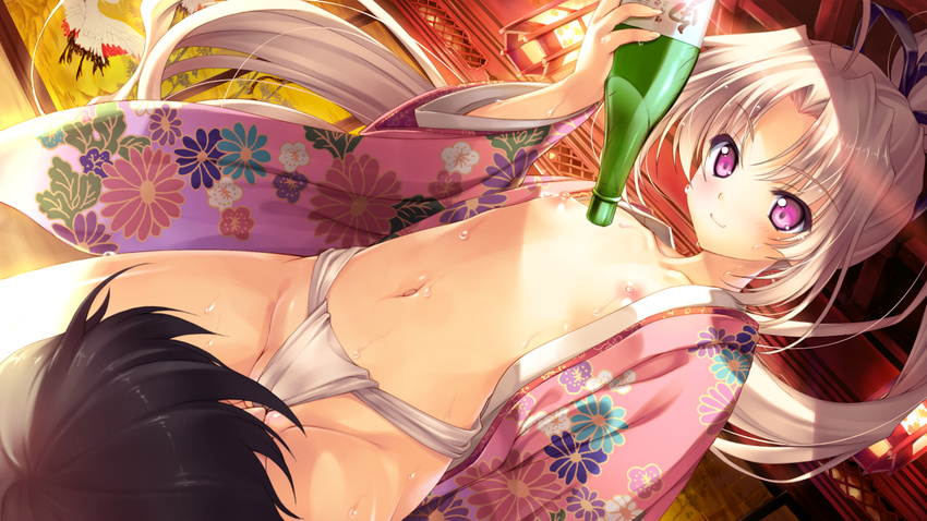 flat_chest game_cg japanese_clothes long_hair love_2_quad naruse_hirofumi nipples no_bra pink_eyes toudou_chitose wet