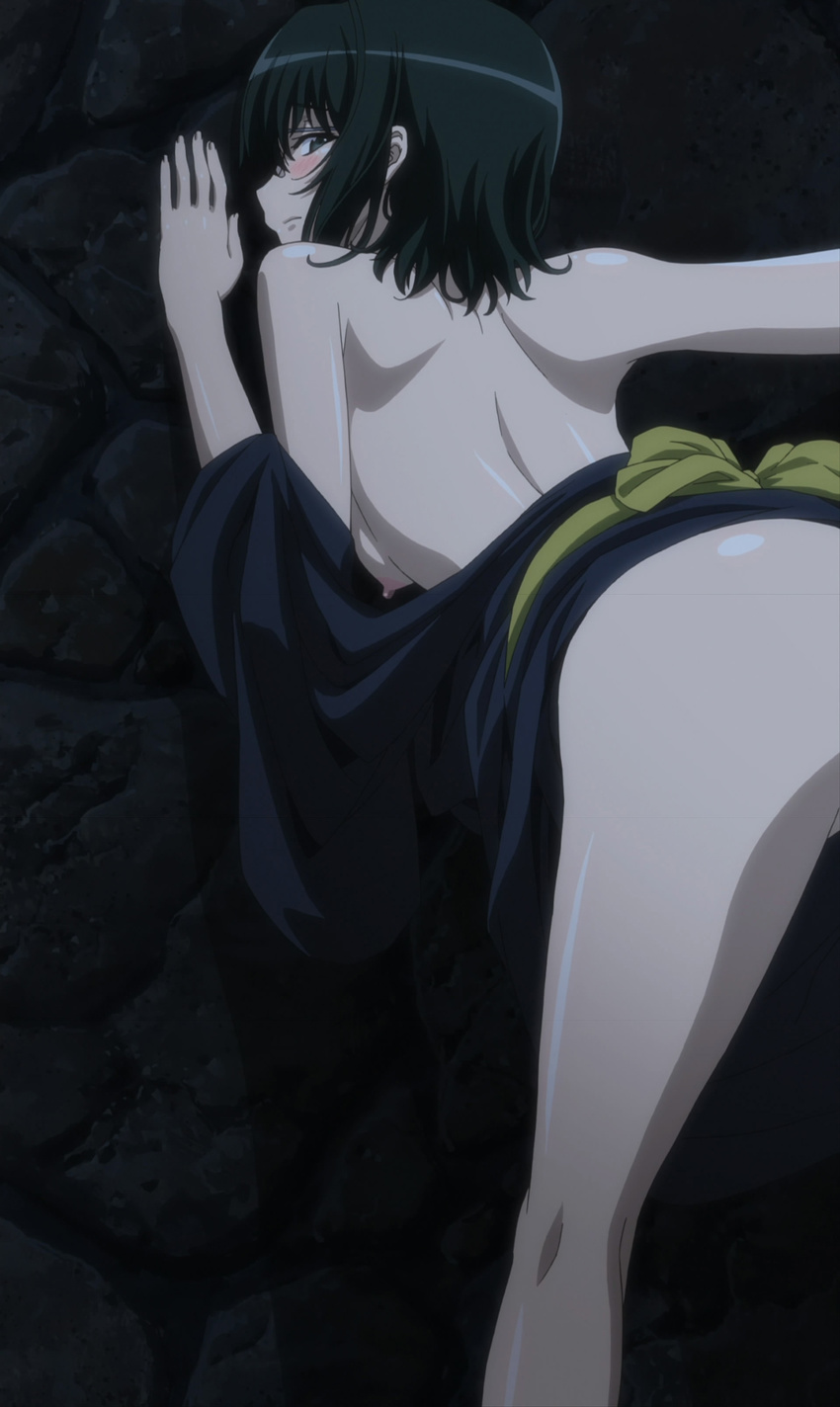 absurdres against_wall ass back bent_over black_hair blush breasts crease from_behind glasses highres japanese_clothes long_legs looking_back medium_breasts nipples no_panties out-of-frame_censoring scan screencap short_hair solo stitched third-party_edit topless yorihime_nao yosuga_no_sora