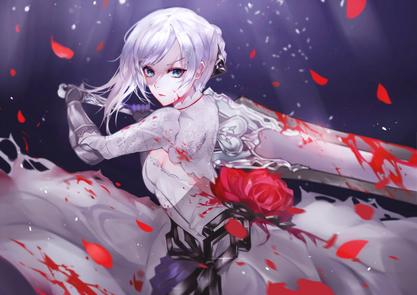 1girl asymmetrical_hair bangs blood blood_on_face bloody_clothes bloody_weapon blue_eyes braid breasts closed_mouth dress floating flower gauntlets gloves highres holding holding_weapon long_hair looking_at_viewer medium_breasts petals princess rose silver_hair simple_background sinoalice sleeveless sleeveless_dress snow_white_(sinoalice) solo sword thighhighs vardan weapon white_dress