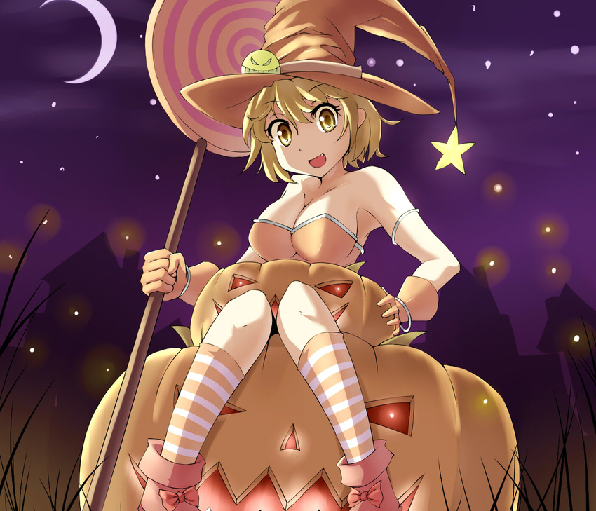 blonde_hair candy food gosledging halloween hat highres jack-o'-lantern original pumpkin solo witch_hat yellow_eyes