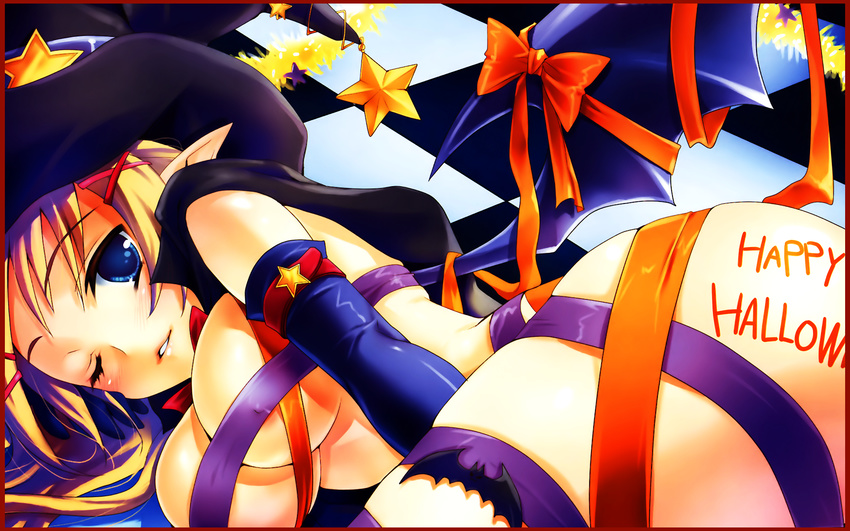 ass breasts cleavage copyright_request covered_nipples halloween happy_halloween highres large_breasts naked_ribbon nekou_izuru one_eye_closed pointy_ears ribbon solo source_request star wings