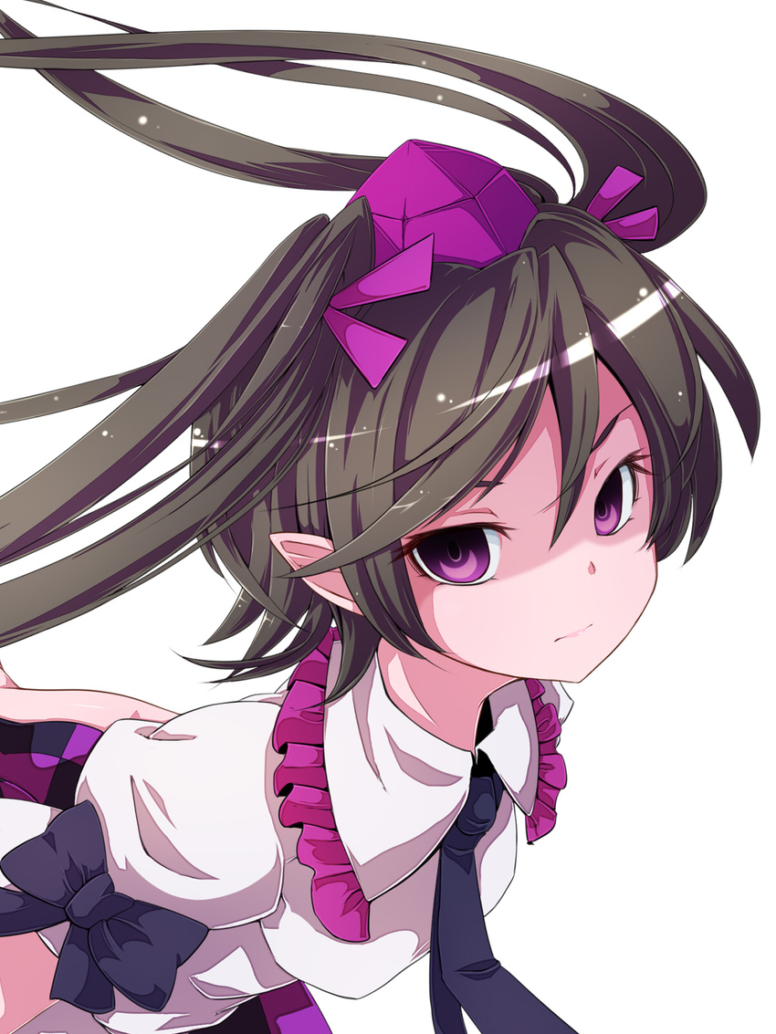 brown_hair hair_ribbon hat highres himekaidou_hatate necktie nikka_(cryptomeria) pointy_ears purple_eyes ribbon solo tokin_hat touhou twintails upper_body