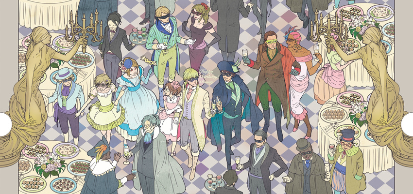 6+boys agnes_joubert antonio_lopez arm_grab bare_shoulders barnaby_brooks_jr ben_jackson black_hair blonde_hair boots breasts brown_hair cape checkered checkered_floor cleavage costume cup dress drinking_glass elbow_gloves everyone flower food glasses gloves hand_on_hip hat highres huang_baoling ivan_karelin kaburagi_kaede kaburagi_t_kotetsu karina_lyle keith_goodman long_hair mask medium_breasts multiple_boys multiple_girls nathan_seymour non-web_source pink_hair ponytail saitou_(tiger_&amp;_bunny) sentohirashiro short_hair statue table tiger_&amp;_bunny tray tuxedo wine_glass yuri_petrov