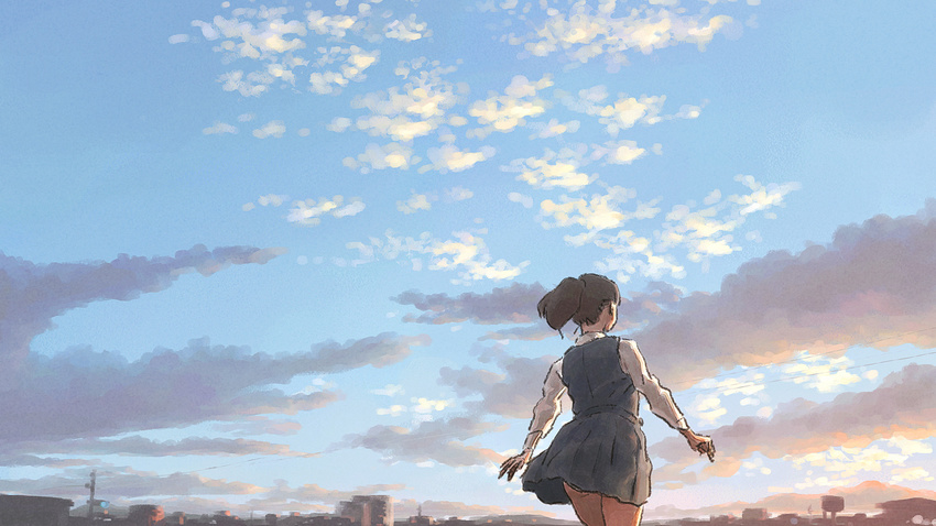 brown_hair city cloud day from_behind highres original ponytail power_lines school_uniform skirt skirt_lift sky skyline solo tnt_(aaaazzzz)