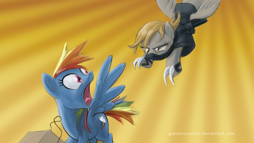 cutie_mark death_from_above derpy_hooves_(mlp) duo equine female feral friendship_is_magic giantmosquito hair horse mammal multi-colored_hair my_little_pony ninja pegasus pony rainbow_dash_(mlp) uhoh weapon wings