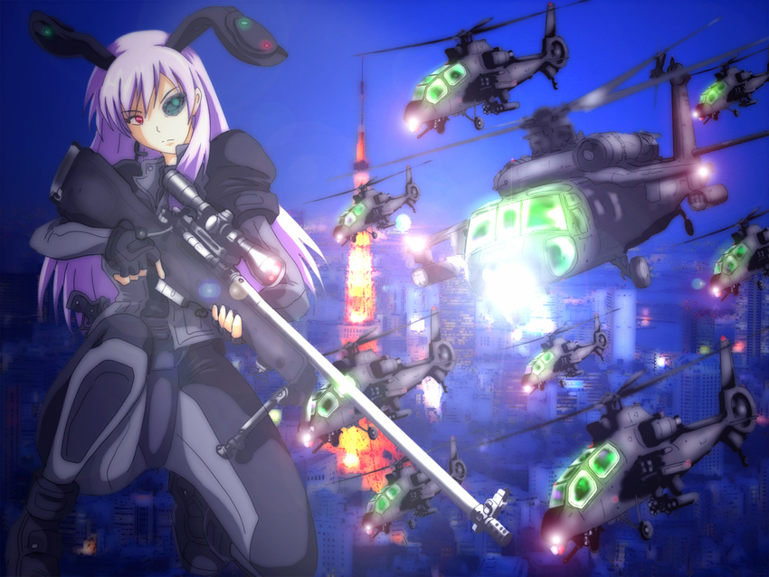 aircraft alternate_costume animal_ears bipod bolt_action building bunny_ears city ghost_in_the_shell ghost_in_the_shell_stand_alone_complex gun gunship helicopter junkei kawasaki_oh-1 military night reisen_udongein_inaba rifle scope sniper_rifle solo touhou uh-60_blackhawk weapon