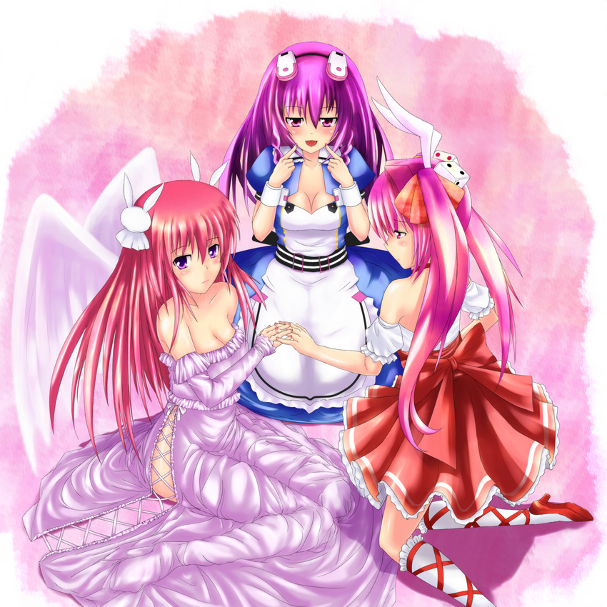 absurdres animal_ears bare_shoulders blush breasts bunny_ears character_request cleavage crossover di_gi_charat dress elbow_gloves gloves hair_ornament hand_holding high_heels highres holding_hands infinite_stratos kneeling long_hair looking_at_viewer misha misha_(pita_ten) multiple_girls nail_polish open_mouth pink_eyes pink_hair pita_ten purple_eyes purple_hair rabi_en_rose red_eyes red_hair shinonono_tabane smile twintails usada_hikaru wings