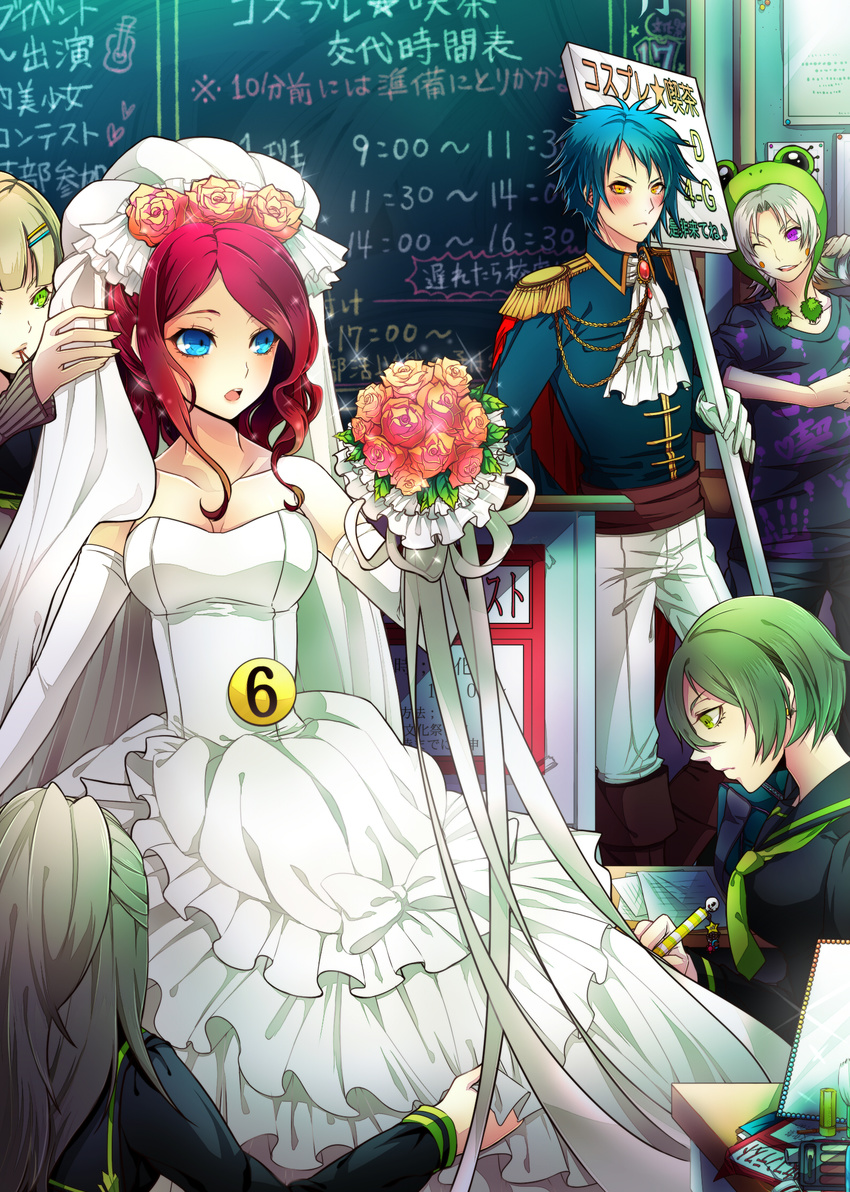 3girls animal_hat bad_id bad_pixiv_id bare_shoulders blue_eyes blue_hair blush bouquet brooch collarbone cravat dress elbow_gloves epaulettes flower gloves green_eyes green_hair hair_flower hair_ornament hairclip hat highres jewelry kishichi long_hair mouth_hold multiple_girls one_eye_closed open_mouth original purple_eyes red_hair school_uniform short_hair silver_hair strapless strapless_dress veil wedding_dress yellow_eyes