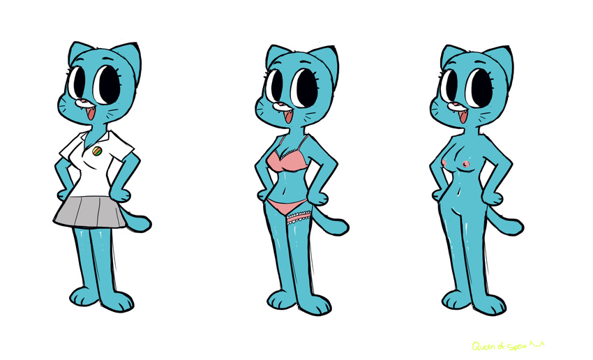 anthro blue blue_body bra breasts cartoon cat cleavage clothed clothing feline female mammal nicole_watterson nipples nude panties pussy queen_of_spew skimpy smile solo tail the_amazing_world_of_gumball underwear