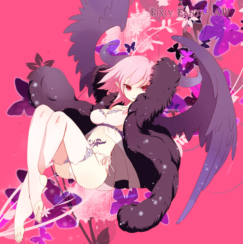 barefoot black_wings bug butterfly demon_girl error feet flower gin_(oyoyo) highres horns insect legs panties pink_eyes pink_hair pixiv_fantasia pixiv_fantasia_4 plantar_flexion side-tie_panties solo thighhighs toeless_legwear underwear white_legwear wings wrong_feet