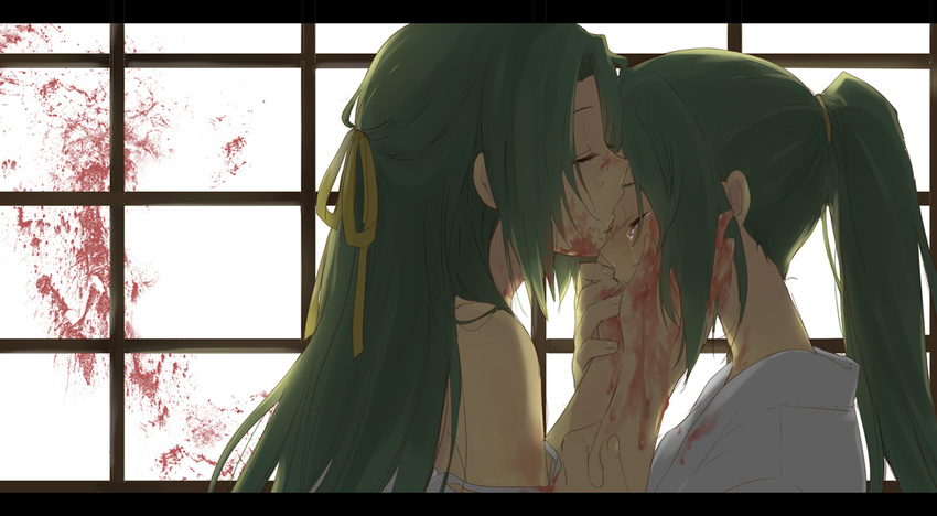 blood blood_on_face blood_splatter bloody_clothes closed_eyes crying green_hair hair_ribbon half_updo higurashi_no_naku_koro_ni kiss kl long_hair meakashi-hen multiple_girls ponytail ribbon siblings sisters sonozaki_mion sonozaki_shion strap_slip tears twins