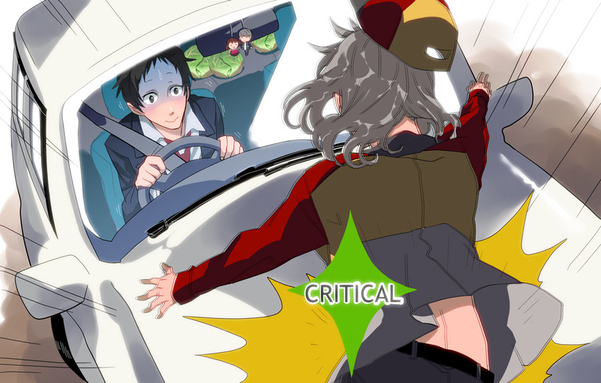 1girl accident adachi_tooru black_hair cabbage cameo car crash doujima_nanako good_end grey_hair ground_vehicle harumai izanami motor_vehicle narukami_yuu on_vehicle persona persona_4