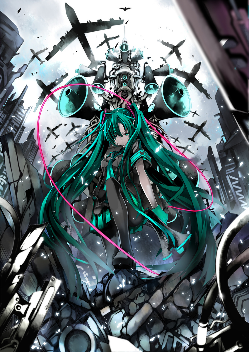 absurdres aircraft airplane aqua_eyes aqua_hair armband b-52_stratofortress gloves hatsune_miku headset highres koi_wa_sensou_(vocaloid) legs long_hair md5_mismatch megaphone necktie pantyhose shino_(eefy) skirt sky solo twintails very_long_hair vocaloid