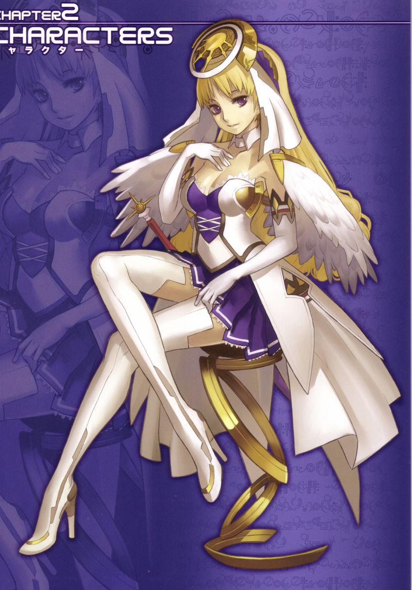 absurdres ar_tonelico ar_tonelico_ii blonde_hair boots breasts chroche_latel_pastalie cleavage curly_hair elbow_gloves feathers gloves hair_ornament high_heels highres lace legs long_hair medium_breasts nagi_ryou official_art pleated_skirt purple_eyes scan shoes sitting skirt smile solo thigh_boots thighhighs white_legwear zoom_layer