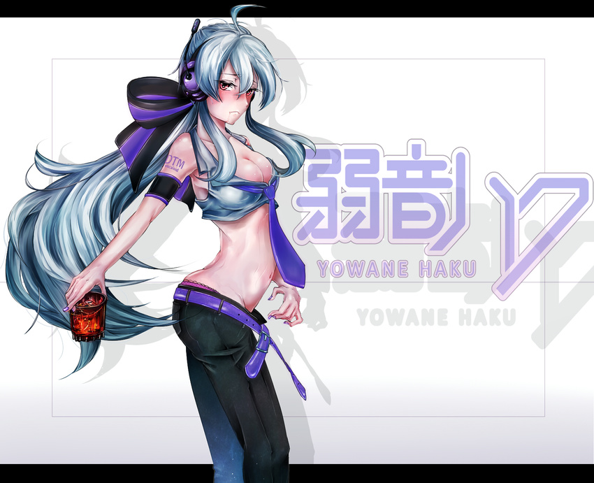 ahoge bad_id bad_pixiv_id belt blush breasts cleavage drink glass headphones highres large_breasts long_hair midriff navel necktie ponytail quasi red_eyes silver_hair solo vocaloid voyakiloid yowane_haku