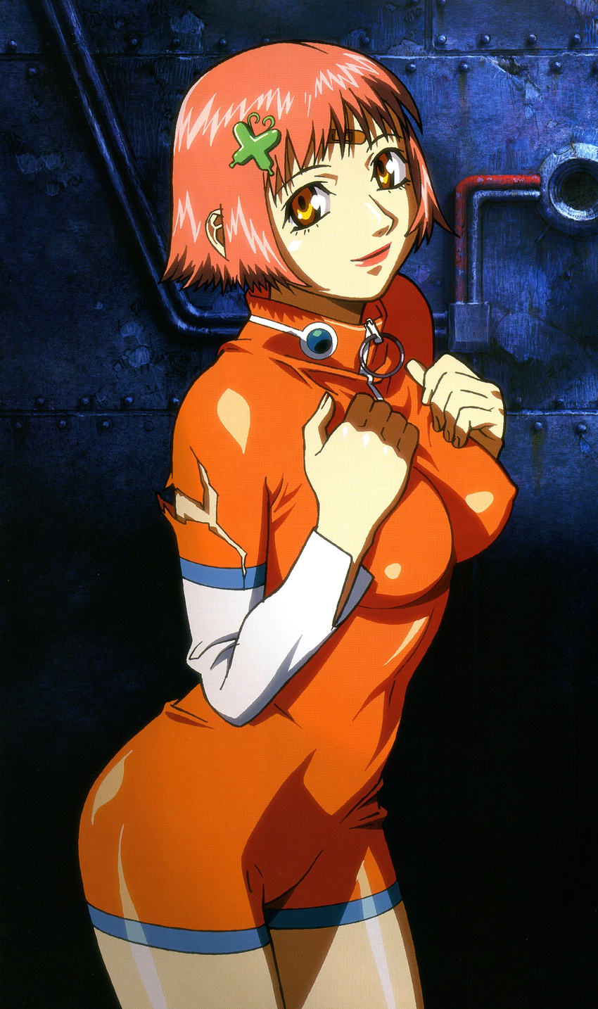 bandaid bandaid_on_face bangs bob_cut bodysuit breast_suppress breasts butterfly_hair_ornament covered_nipples cowboy_shot from_side hair_ornament hairclip highres latex light_smile lips lipstick looking_at_viewer makeup medium_breasts mezzo_danger_service_agency mezzo_forte official_art orange_bodysuit orange_hair scan shiny shiny_clothes shiny_skin short_hair skin_tight solo suzuki_mikura torn_clothes torn_unitard turtleneck umetsu_yasuomi unitard yellow_eyes zipper