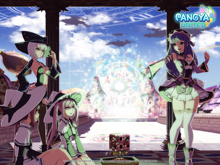 arin blue_sky breasts building cadie cloud day dress from_behind full_body hana_(pangya) hat kamdia lucia_(pangya) medium_breasts multiple_girls official_art outdoors pangya pillar skirt sky standing white_skirt witch_hat