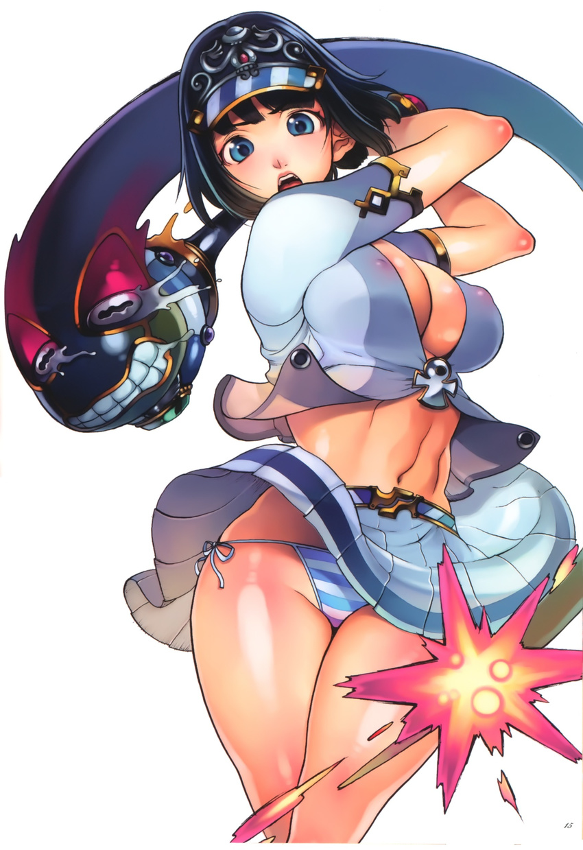 absurdres black_hair blue_eyes breasts cleavage covered_nipples crop_top curvy f.s. highres large_breasts menace panties queen's_blade saliva setra short_hair side-tie_panties solo striped striped_panties swing tears underwear visor_cap