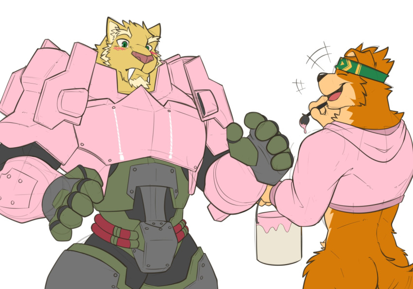anthro armor blush canine clothing dog duo headband humor laugh male mammal meme muscular oleola123 paint smile source_request sweater twitter_hoodie