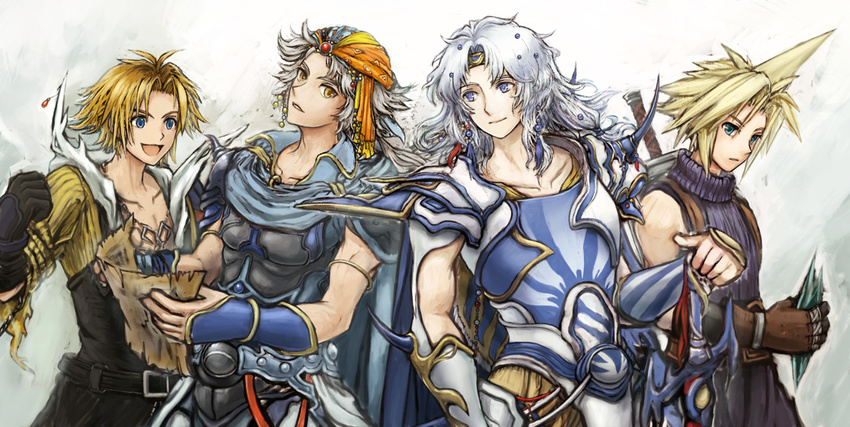 androgynous armor bandana blonde_hair blue_eyes brown_eyes cape cecil_harvey cloud_strife crystal dissidia_final_fantasy final_fantasy final_fantasy_ii final_fantasy_iv final_fantasy_vii final_fantasy_x frioniel gloves headband male_focus map multiple_boys open_mouth piranosuke spiked_hair sword tidus weapon