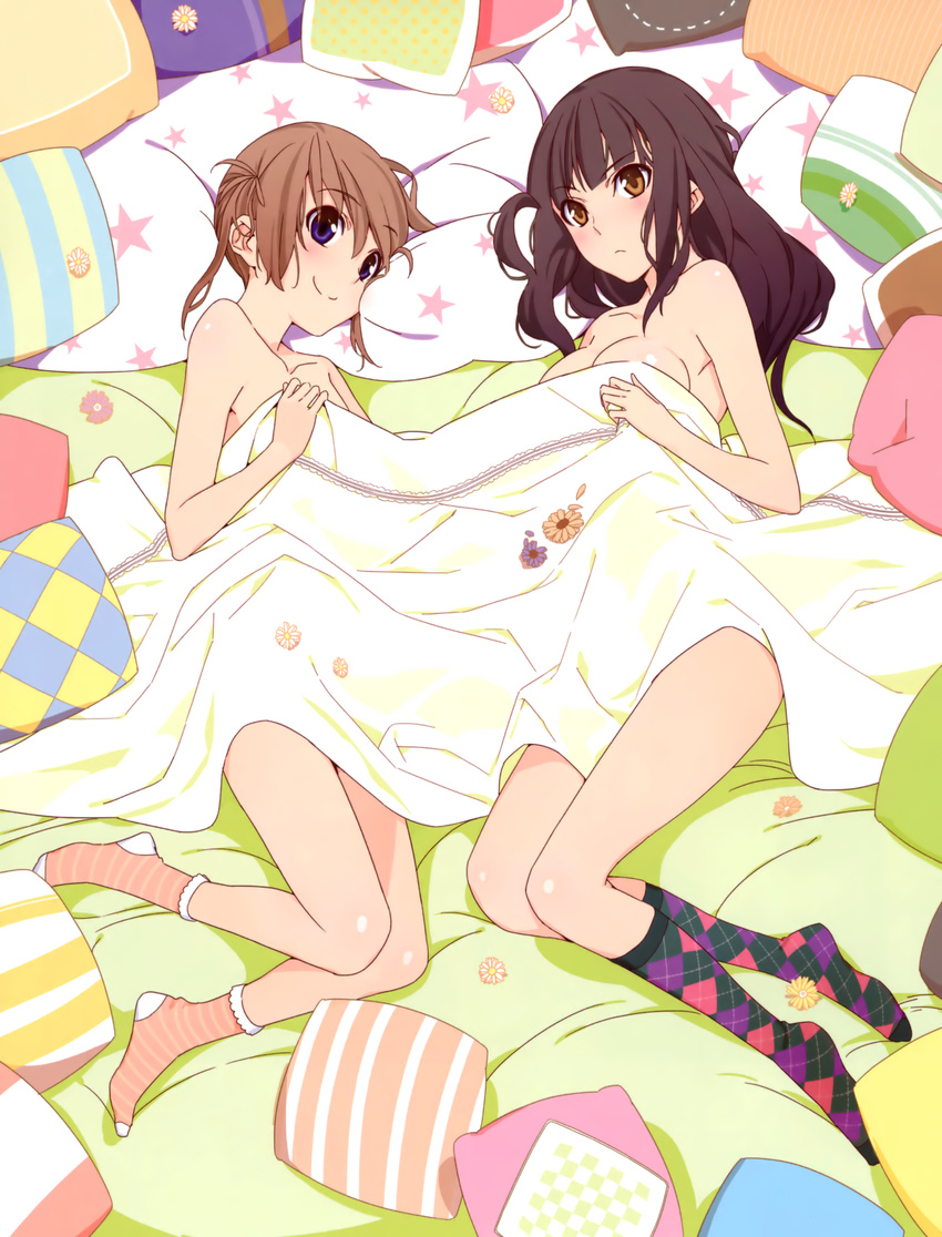 absurdres amakawa_chinatsu argyle argyle_legwear black_hair blanket blue_eyes blush breasts brown_eyes brown_hair cushion flat_chest highres kneehighs long_hair long_legs looking_at_viewer lying memories_off memories_off_yubikiri_no_kioku morii_shizuki multiple_girls nagumo_kasumi naked_sheet nude on_side pillow short_hair small_breasts smile socks striped striped_legwear thighs