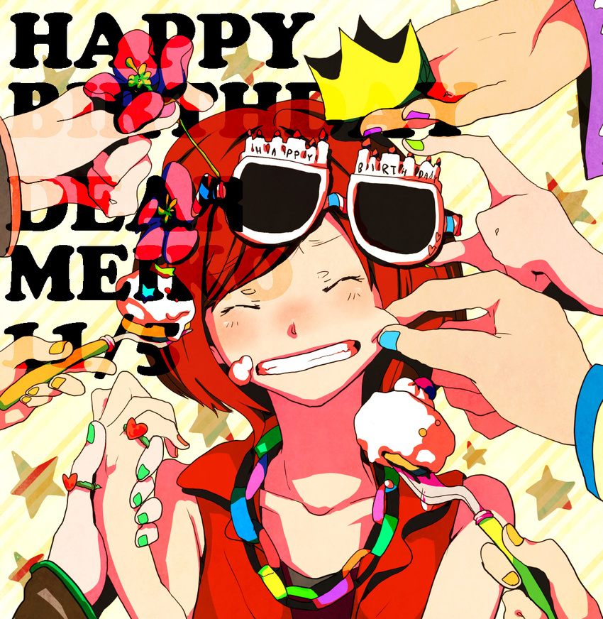 bad_id bad_pixiv_id bare_shoulders brown_hair closed_eyes collarbone crown cupcake english fancy_glasses food fork giving gumi hands happy_birthday hatsune_miku highres holding_hands jewelry kagamine_len kagamine_rin kaito kamui_gakupo kurau_kii megurine_luka meiko nail_polish necklace pastry pinching putting_on_headwear ring short_hair solo_focus star sunglasses teeth thumb_ring vocaloid