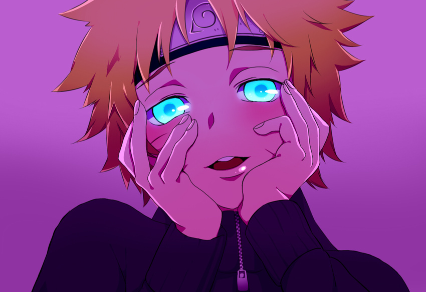 androgynous bad_id bad_pixiv_id blonde_hair blue_eyes blush forehead_protector hands_on_own_cheeks hands_on_own_face karuto konohagakure_symbol male_focus naruto naruto_(series) parody solo uzumaki_naruto yandere yandere_trance zipper