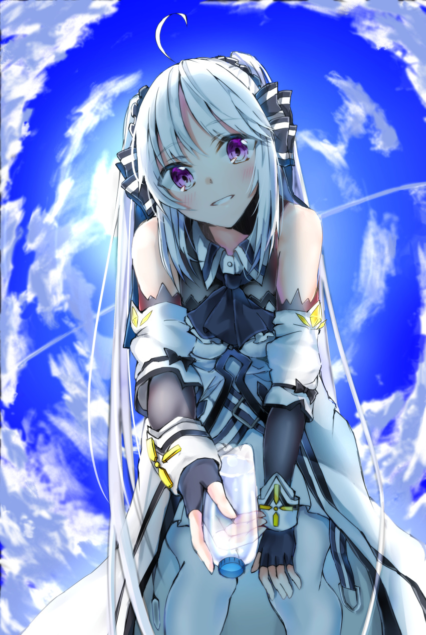 1girl ahoge ascot black_gloves black_neckwear blue_sky blush bottle bow cloud day detached_sleeves elbow_gloves eyebrows_visible_through_hair fingerless_gloves from_below gloves grin hair_bow hand_on_own_knee head_tilt highres holding holding_bottle leaning_forward long_hair looking_at_viewer lyrical_nanoha outdoors pantyhose pantyhose_under_shorts purple_eyes rinne_berlinetta sankee silver_hair skirt sky smile solo striped striped_bow twintails very_long_hair vivid_strike! water_bottle white_legwear white_skirt