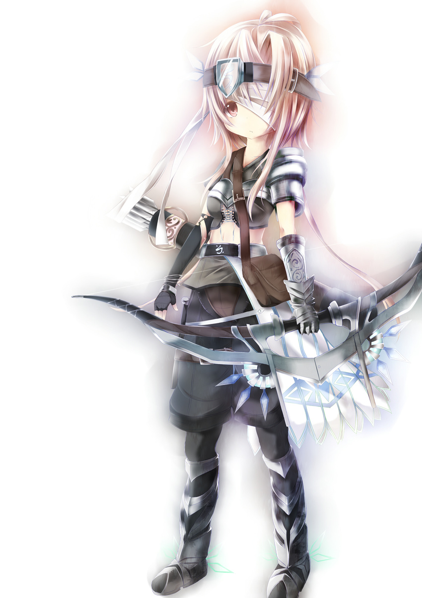 armor arrow bag bandages belt black_gloves blonde_hair boots bow_(weapon) elbow_gloves fingerless_gloves gauntlets gloves half-shirt highres original red_eyes shorts shoulder_bag solo umagenzin weapon