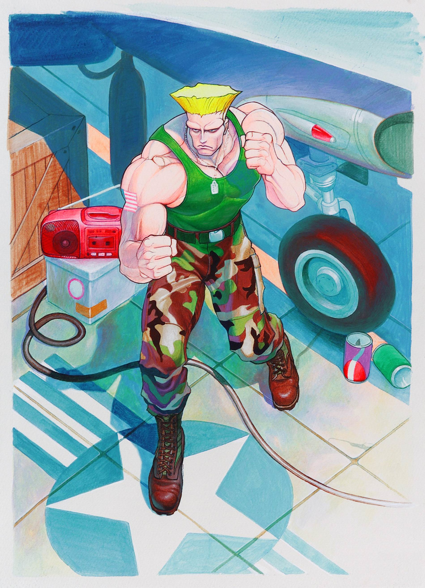 90s absurdres aircraft airplane american_flag blonde_hair boombox boots camouflage camouflage_pants dog_tags f-16_fighting_falcon fighter_jet fighting_stance guile highres jet military military_uniform military_vehicle muscle official_art pants solo street_fighter street_fighter_ii_(series) tank_top tattoo uniform woodland_pattern yasuda_akira