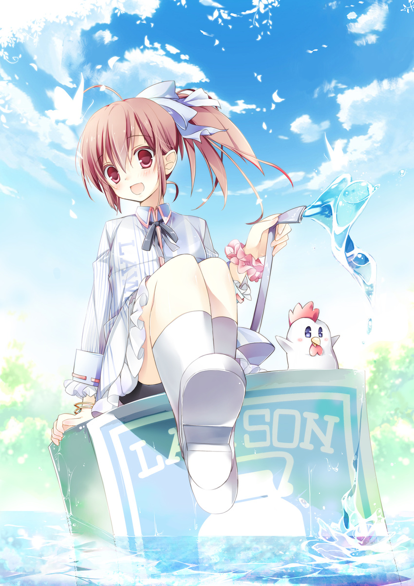 ahoge arm_support bad_id bad_pixiv_id bike_shorts bird blue_sky blush boots bracelet brown_eyes brown_hair chicken cloud day employee_uniform highres hose jewelry knee_boots lawson m_(tokui1213) open_mouth original ponytail sitting sky smile solo uniform water white_legwear