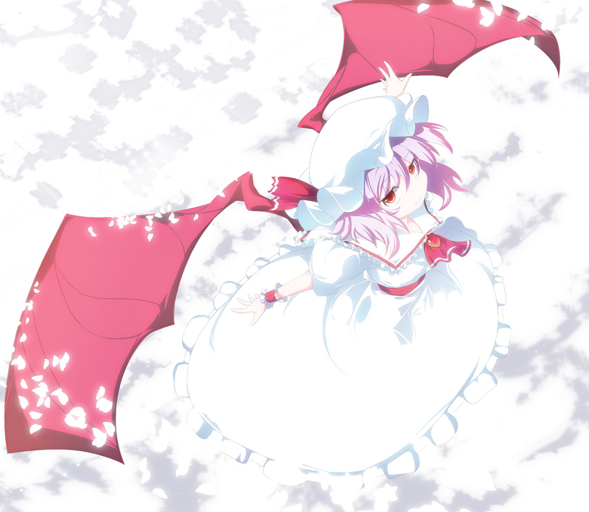 bad_id bad_pixiv_id bat_wings dress fang frills grin hat highres meracle petals purple_hair red_eyes remilia_scarlet ribbon smile solo touhou white wings